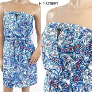 MONTEAU Strapless Fold-over Front Blouson Paisley Summer Mini Dress S